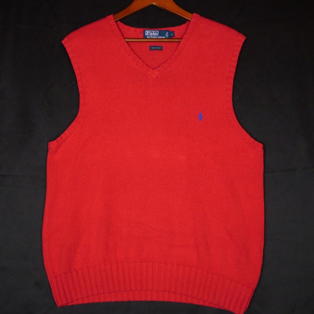 Polo Ralph Lauren Sweater Vest Mens L Red V-Neck Pony Logo 100% Cotton Classic